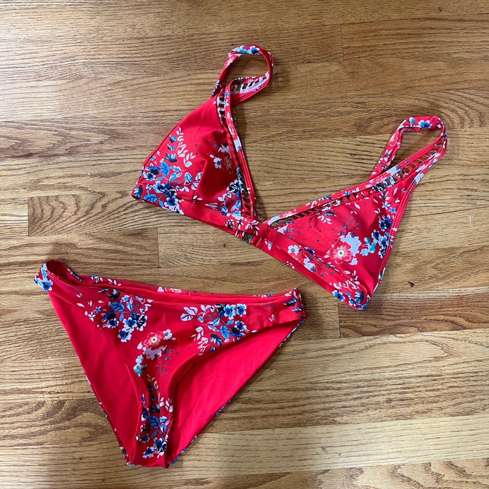 Red and blue floral bikini